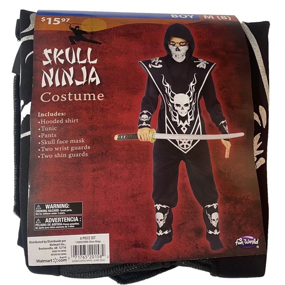 Skull Ninja Child Halloween Costume Outfit Black Silver Size Small 6/7 NEW - Picture 1 of 7